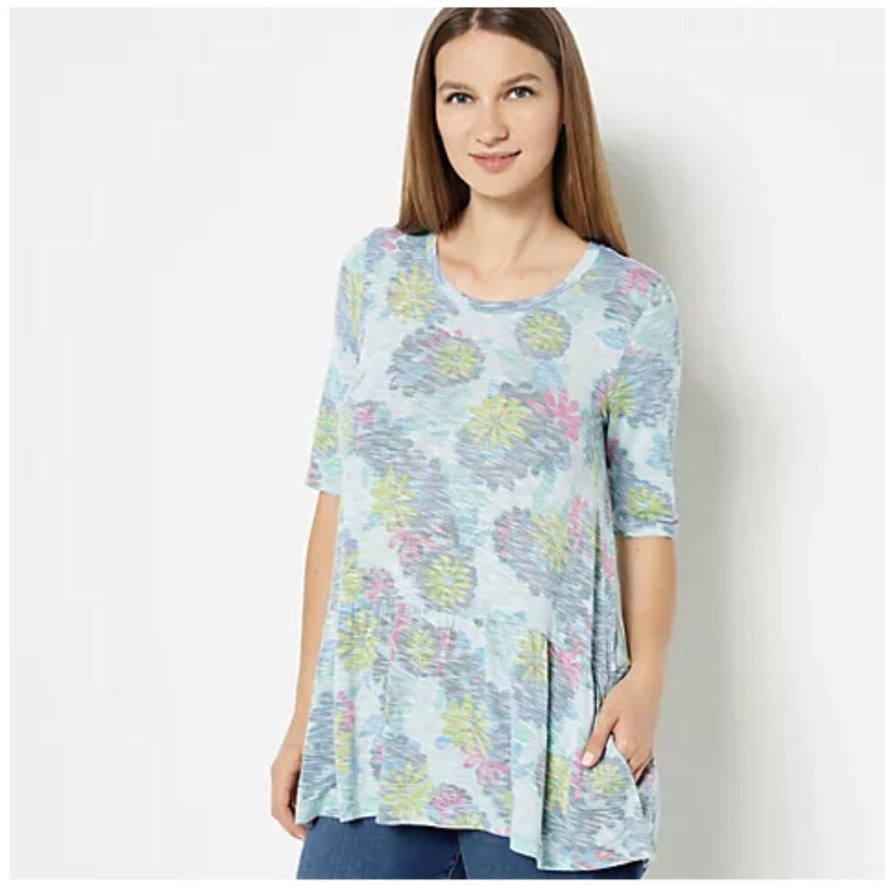 LOGO by Lori Goldstein Printed Slub Knit Peplum Blue Top - Size M